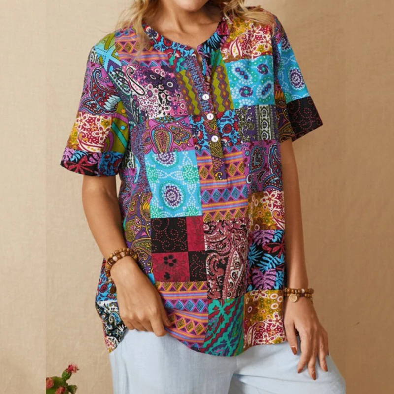 

Vintage Indie Folk Print Blouse Women Shirt Tops Button O Neck Short Sleeve Loose Pullover Summer 4XL Blusas De Mujer