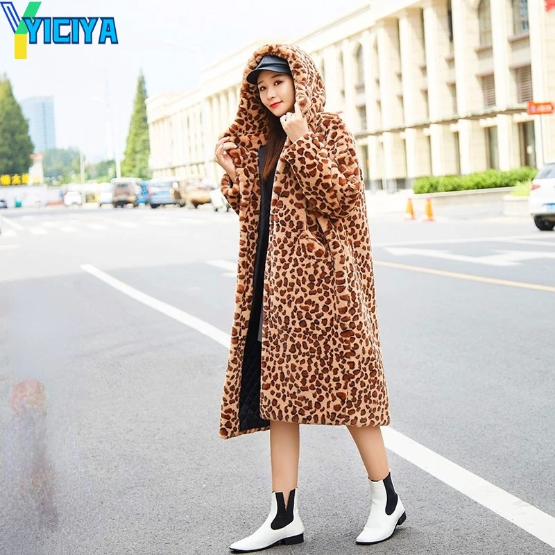 

Женское длинное пальто с капюшоном YICIYA, Свободное пальто из искусственного меха кролика Рекс, с леопардовым принтом, 2022