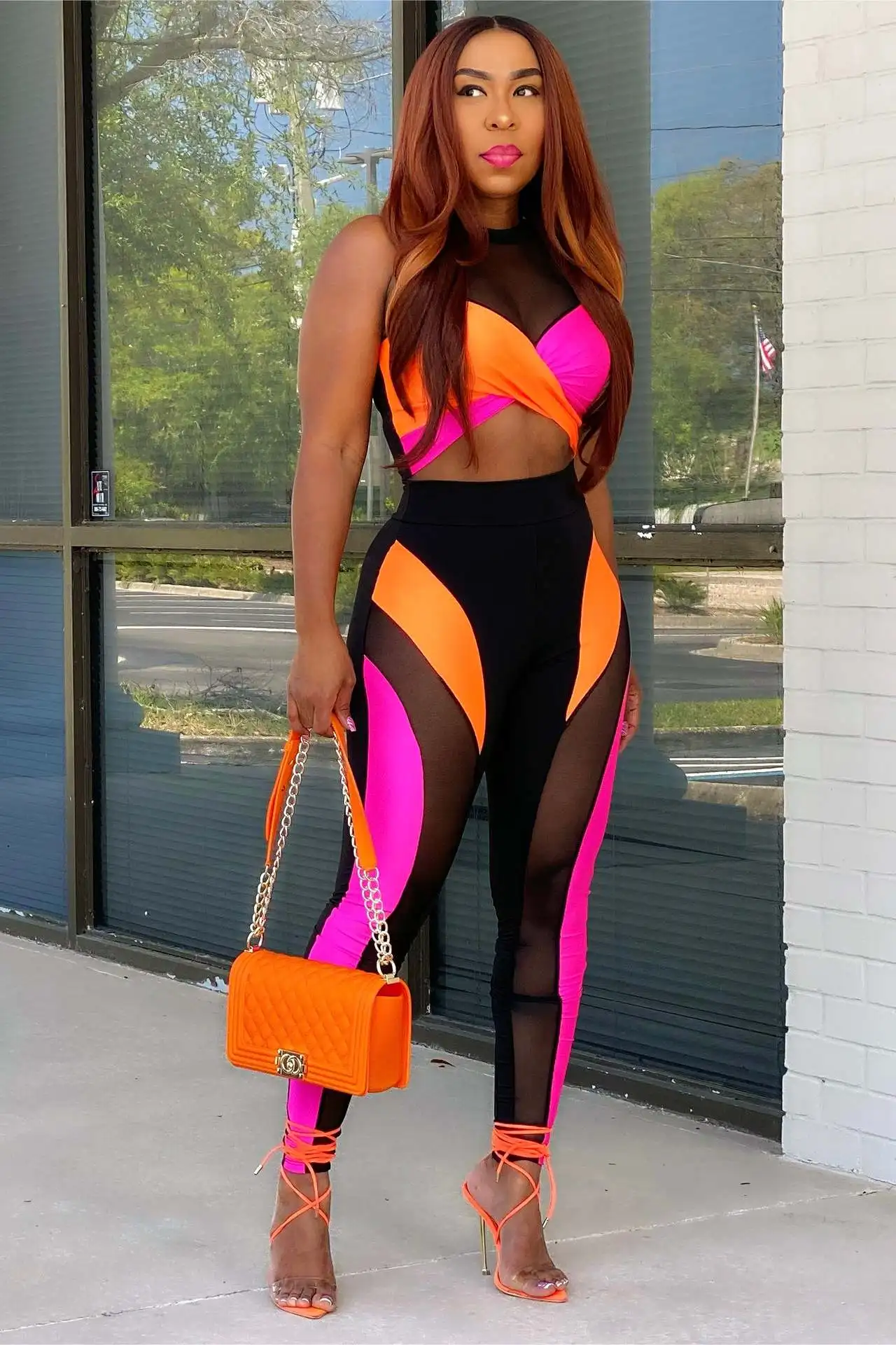 

Sexy Mesh Sheer Patchwork Two 2 Piece Set Party Night Club Outfit Sweatsuit Tank Elegant Workout Legging Pants Fitness Tracksuit