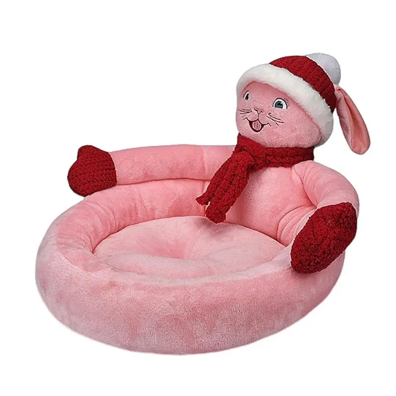 

Pet Beds For Cats Cat Houses For Indoor Cats 3D Pink Rabbit Shape Christmas Hat And Scarf Cozy Pet Cat House With Anti-Slip