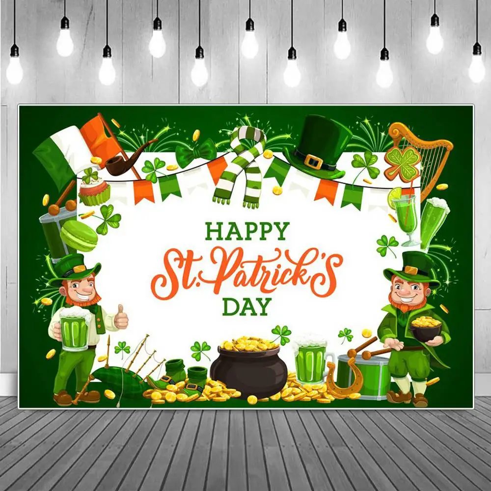 

Happy St. Patrick's Day Photography Backdrops Green Drink Hat Clover Banner Poster Custom Party Decoration Photocall Backgrounds