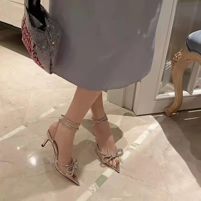 

Women High Heels Wedding Shoes Fashion Shiny Bowknot Diamond Crystal Pointed Toe Pumps Transparent Stiletto Bridesmaid Shoes