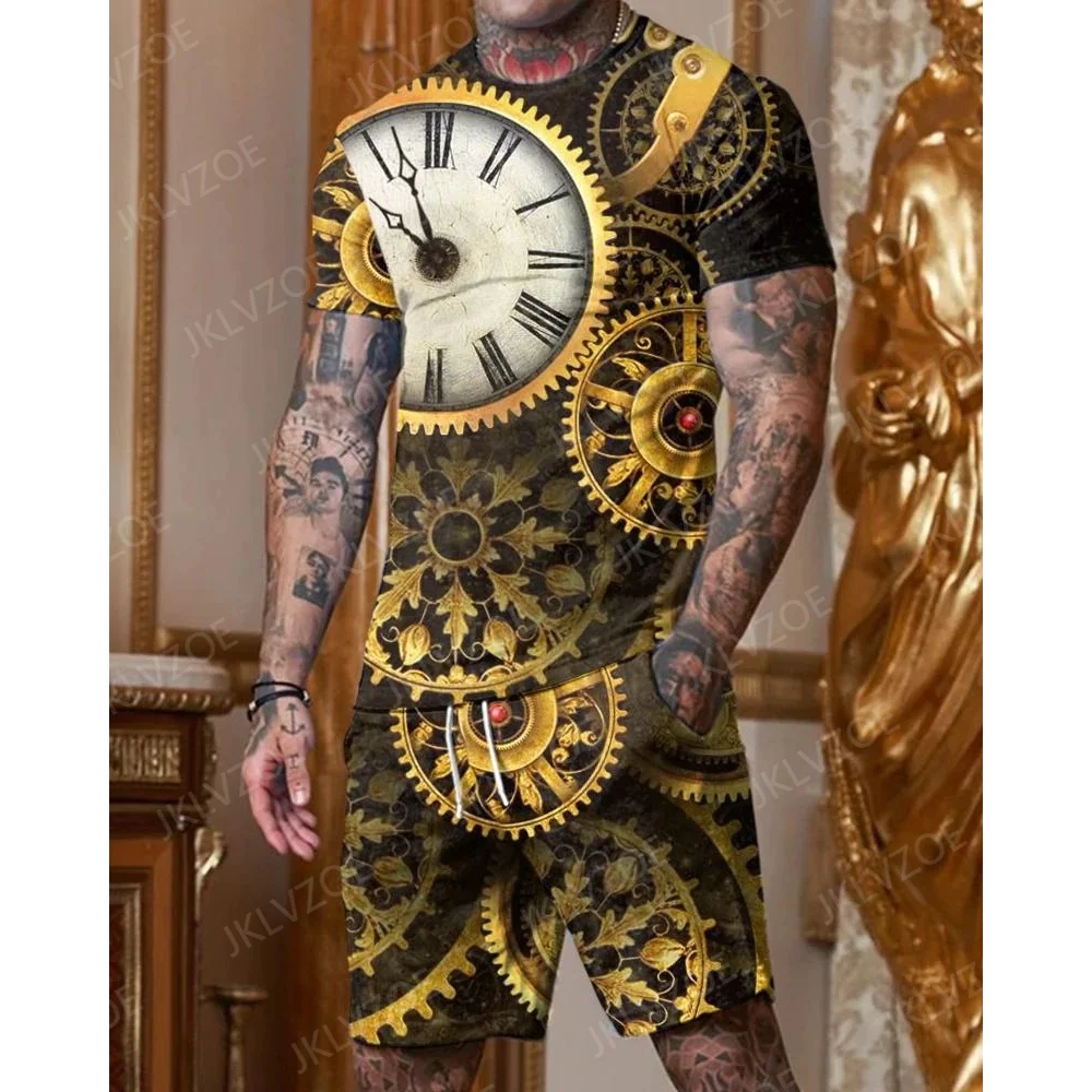 Men's T-shirt Set 3D Fierce Lion Print Streetwear Oversized Short Sleeve T-shirt Shorts Set Sportswear Summer Male Clothing