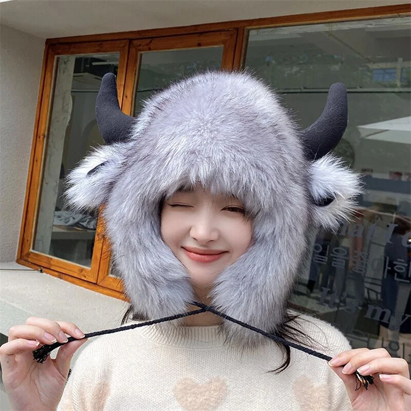 Women Men Winter Furry Plush Snow Trapper Hat Cute Ox Horns Deer Antlers Fluffy Animal Cap With Ear Flap Cosplay Earmuff