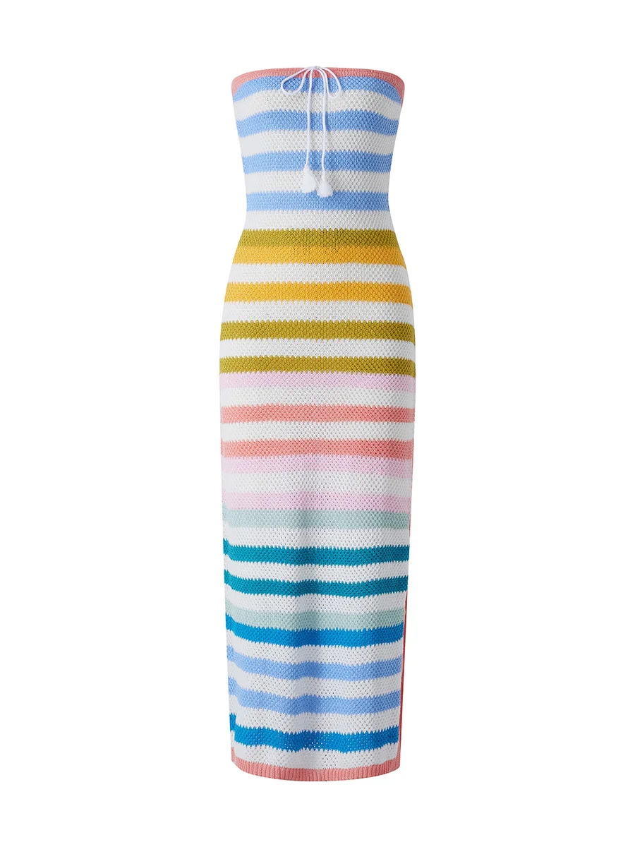 

Print Knit Bodycon Dress for Women Y2K Green Hollow Out Midi Dresses Sleeveless 2021 Summer Beach Dress