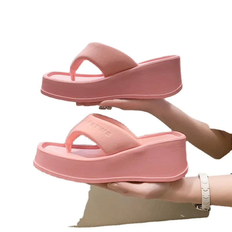 2023 Summer Thick Sole Wedges Flip-Flops Women Chunky Platform Beach Slippers Woman Plus Size 43 Clip Toe Wedge Heeled Sandals