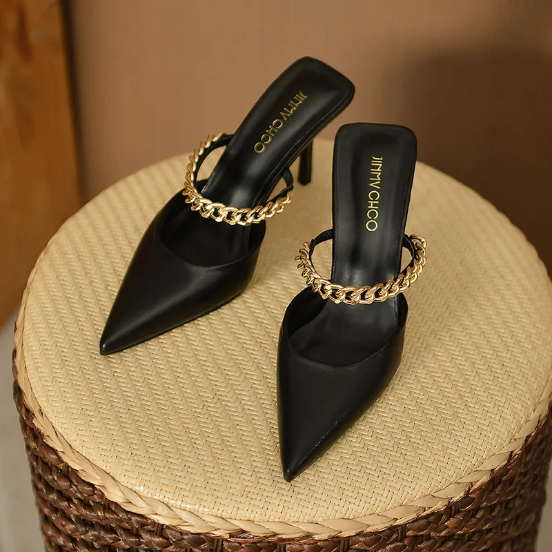 

Женские туфли на высоком каблуке Muller, новинка 2022, элегантные сандалии Мэри Джейн с острым носком и цепочкой на тонком каблуке для женщин