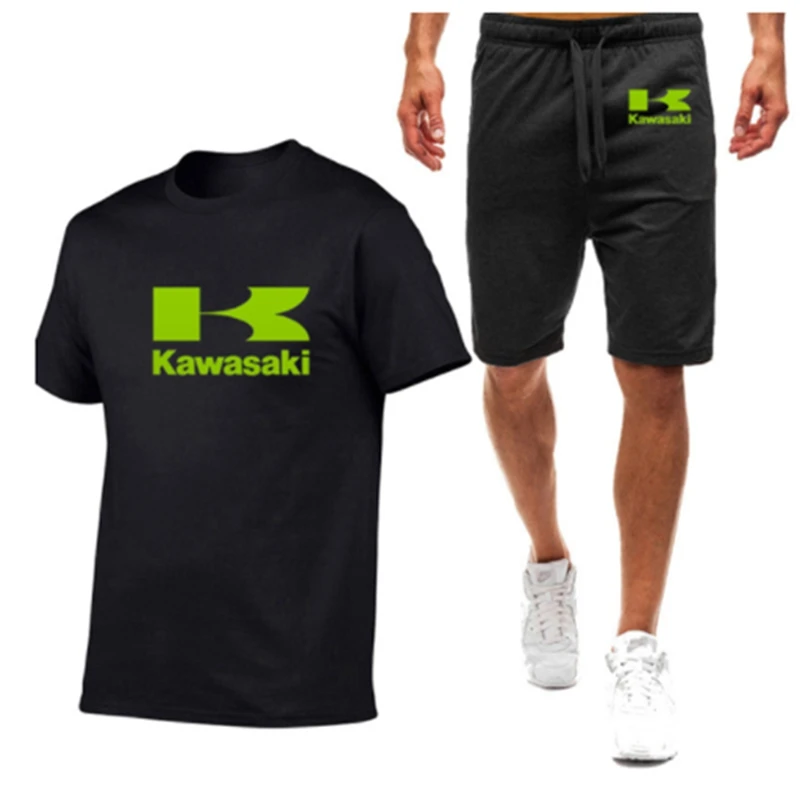 

Футболка и шорты мужские с принтом автомобиля, хлопок, короткий рукав, повседневные, летние штаны, комплект из 2 предметов, kawasaki