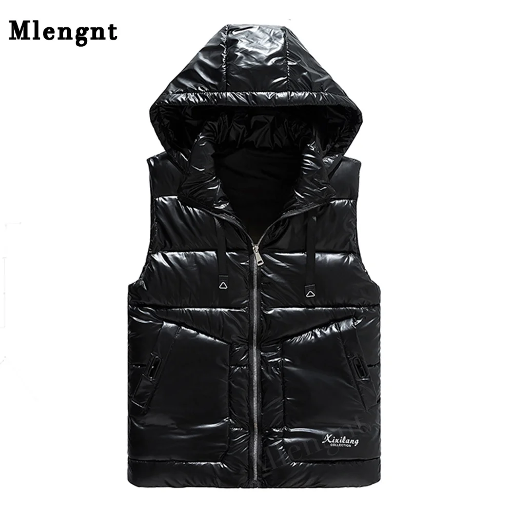 

Fashion Silver Shiny Windproof Men Jacket Sleeveless Vests Casual Hat Detachable Winter Coats Thicken Unloading Male Waistcoat