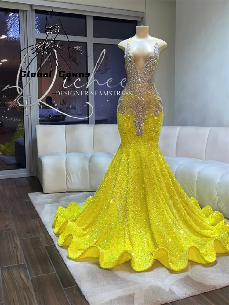 

Жёлтые прозрачные длинные платья с круглым вырезом для выпускного вечера для черных девушек 2023 платья для дня рождения с бисером и кристалл...