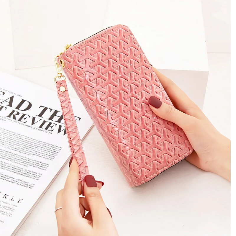 

Long wallet women's 2021 new double zipper handbag wrist with large capacity patent leather mobile phone bag