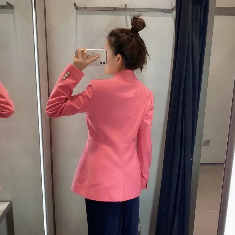Rose Red Metal Button Blazer Women Solid Colors Double Breasted Casual Office Blazer 2021 Fashion Work Wear Formal Clothing Chic