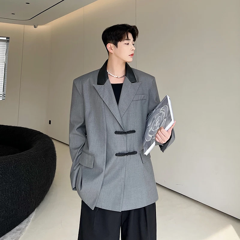Men Chinese Style Buckle Leather Collar Grey Blazer Suit Coat for Men Women Streetwear Fashion Vintage Blazers Jacket