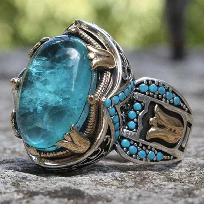 

Carved Aquamarine Men's Rings European and American Retro Wedding Rings Inlaid Turquoise Turkish Fashion Luxury Jewelry
