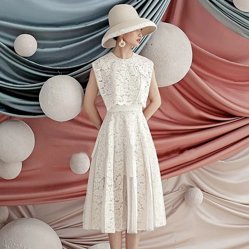 

Женское ажурное платье-миди без рукавов, элегантное белое Сетчатое платье с вышивкой и воротником-шалью, лето 2022