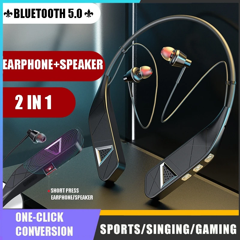 

New Neckband Headphones Bluetooth 5.0 2IN1 Wireless Earphone One-Click Conversion External Speaker Sport Gaming Earbuds With Mic