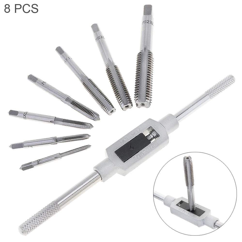 

8pcs/set HSS Hardware Tap Die Sets with M3-M12 Taps and 1/16'' -1/2'' Wrench Handle for Woodworking / Machinery Repair
