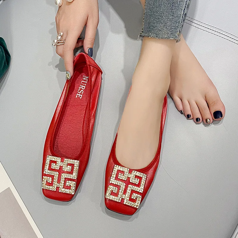 

Red Ballerina Women Shoes Slip on Square Toe Flats Shoes for Women Rhinestones Buckle Loafers Women's Shallow Mouth Moccasins