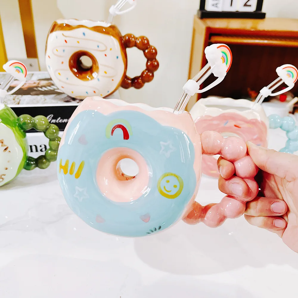 

Ceramic mug with siphon tube high value high-grade ins mug creative donut water cup women gift wholesale