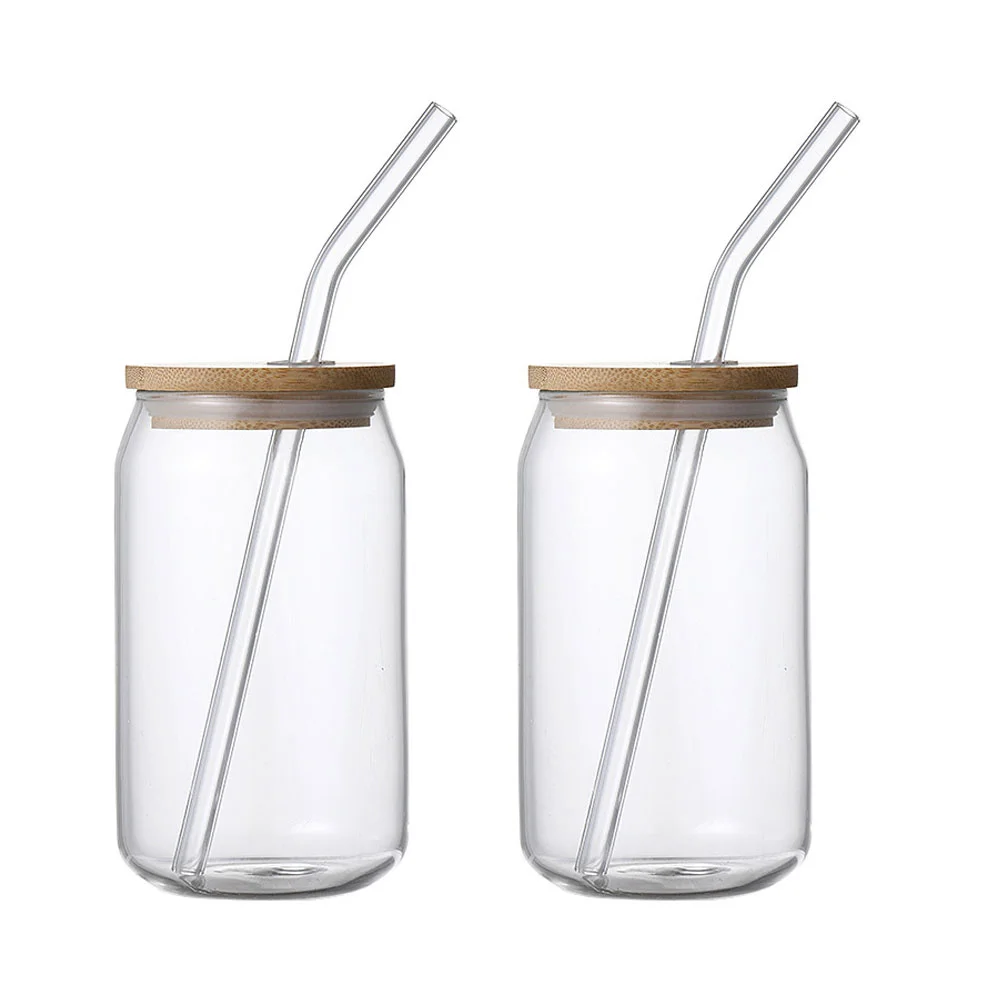 

2 Sets Juice Glass Clear Coffee Cups Lids Can Tumbler Glass Mason Jar Can Shaped Wood Espresso Mugs Glass Toddler