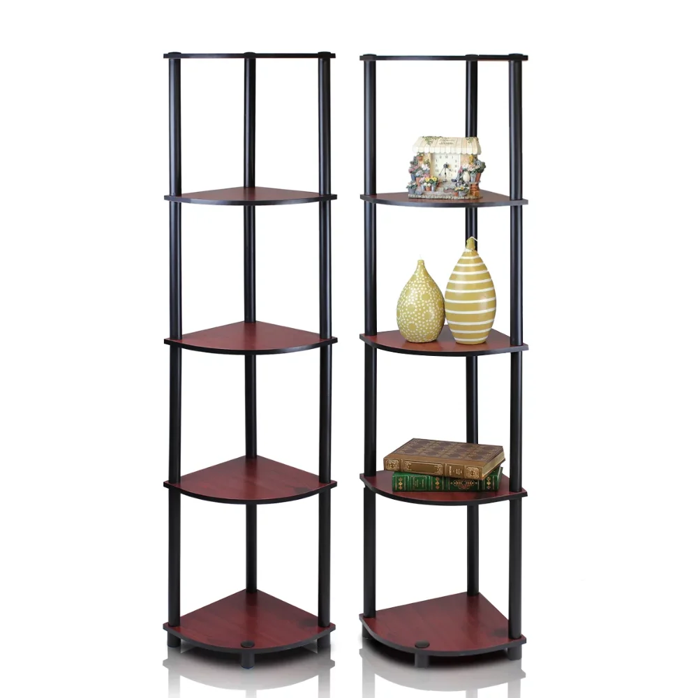 

5 Tier Corner Display Rack Multipurpose Shelving Unit, Dark Cherry, Set of 2 Decorative Shelves