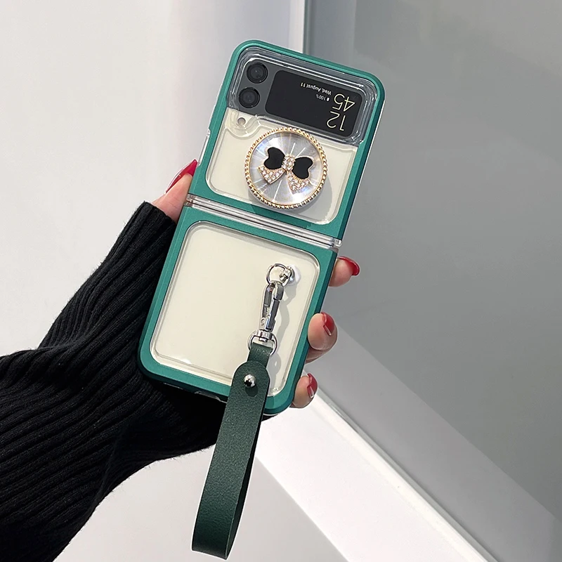 Online لطيف فتاة الأخضر Bowknot قضية الهاتف المحمول مع حبل حلية لسامسونج غالاكسي Zflip3 شفافة غطاء الهاتف لمجرة F7110