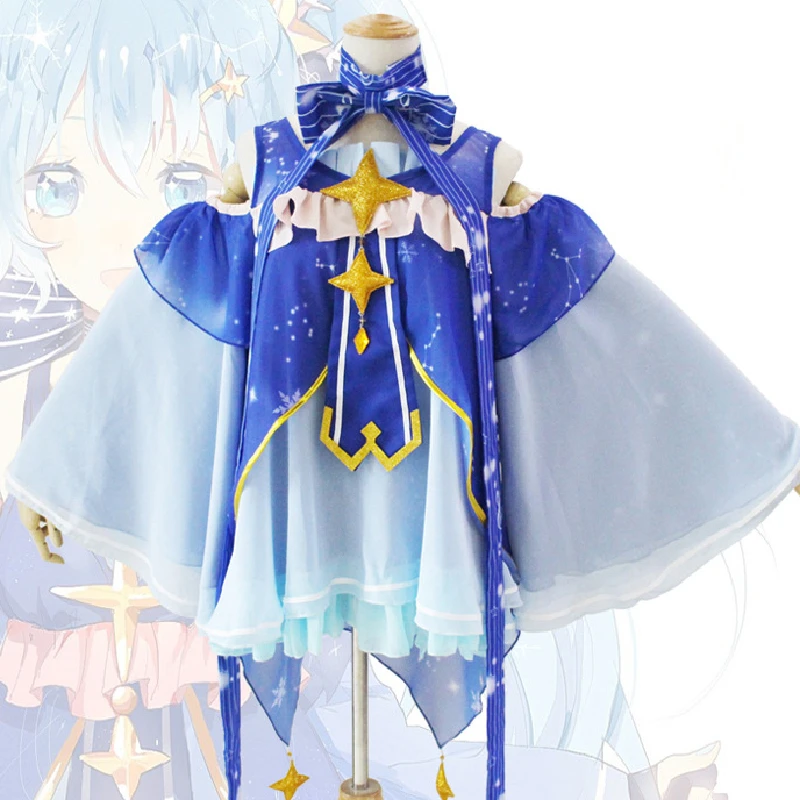 

Snow Miku Anime Cosplay Full Suit VOCALOID Wig Costume Star and Snow Princess Dress Cos Women Role-Play Props Performance Party