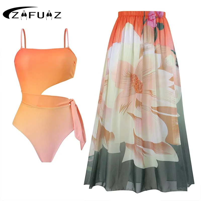 

Цельный женский купальник 2023 с юбкой, купальный костюм, Цветочная накидка, женское праздничное пляжное платье в стиле ретро, летний костюм для серфинга