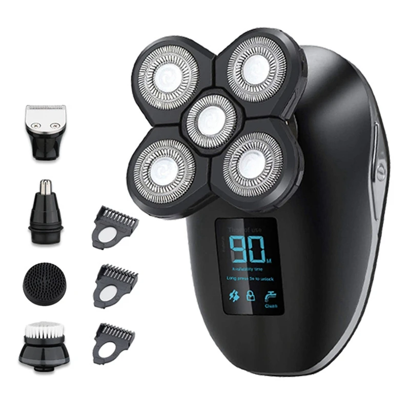 

Electric Shaver Cordless Bald Head Shaver For Men 5 In 1 Waterproof Rechargeable LED Display Rotary Shaver Kit
