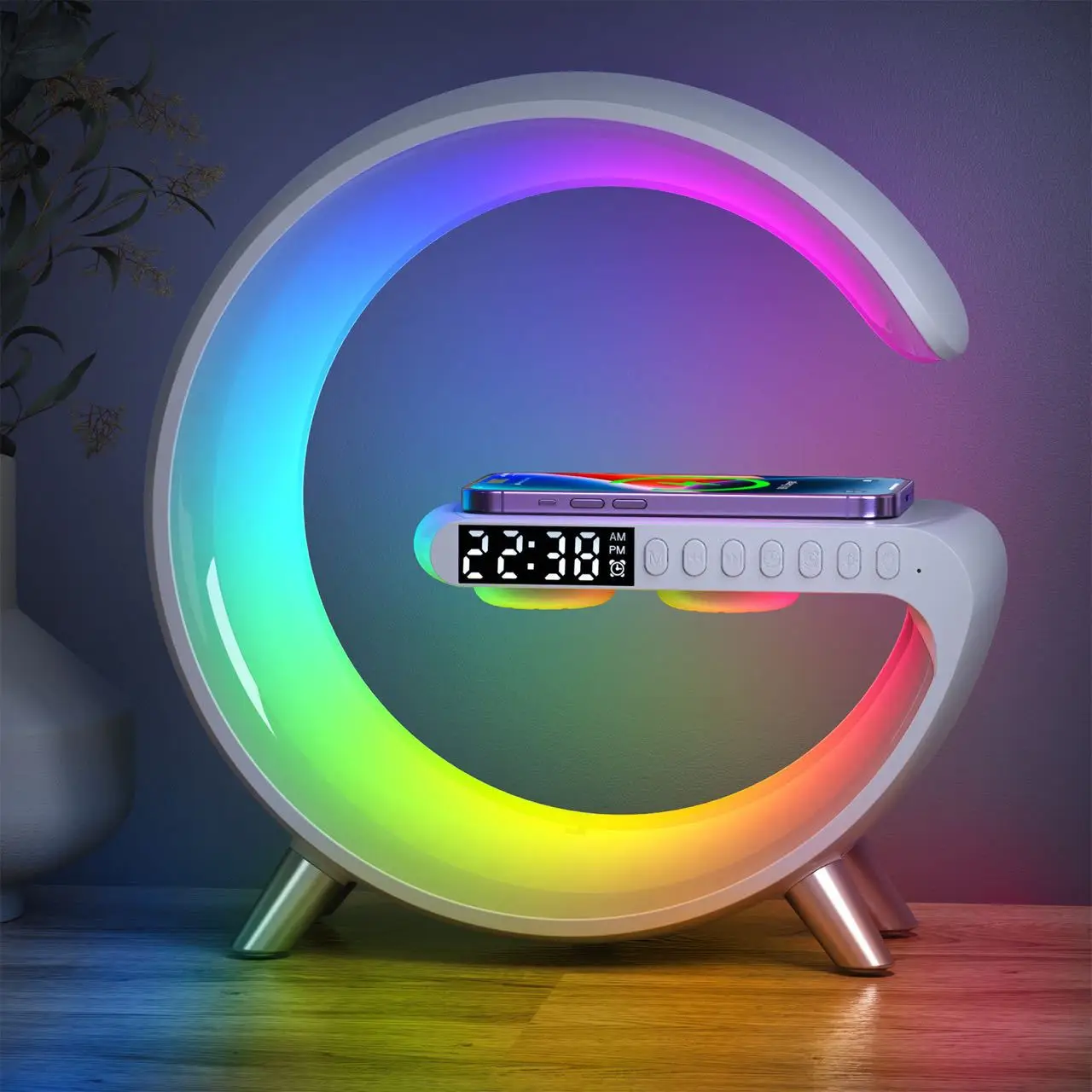 

6 in 1 15W Wireless Charging Intelligent Atmosphere Lamp Qi Wireless Charger LED RGB Alarm Clock Lamp Charger Bluetooth Speaker