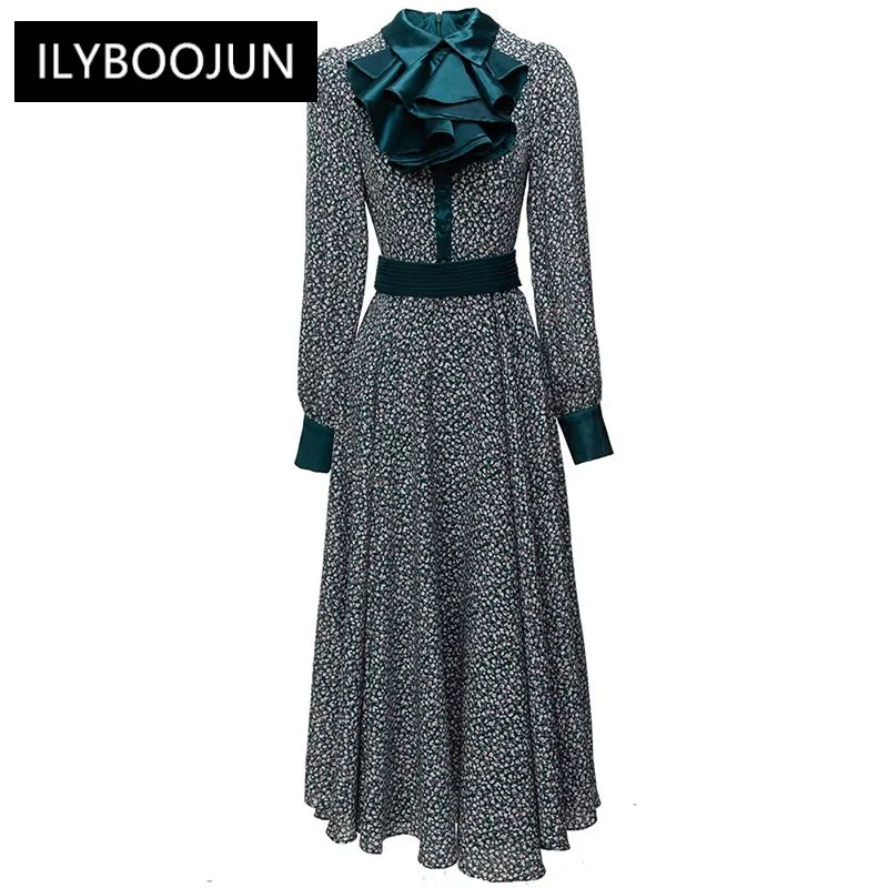 

Autumn Long Dress Women Ruffle Peter pan Collar Lantern Sleeve Flower Print Vintage Dresses For Women 2023 Luxury High Quality