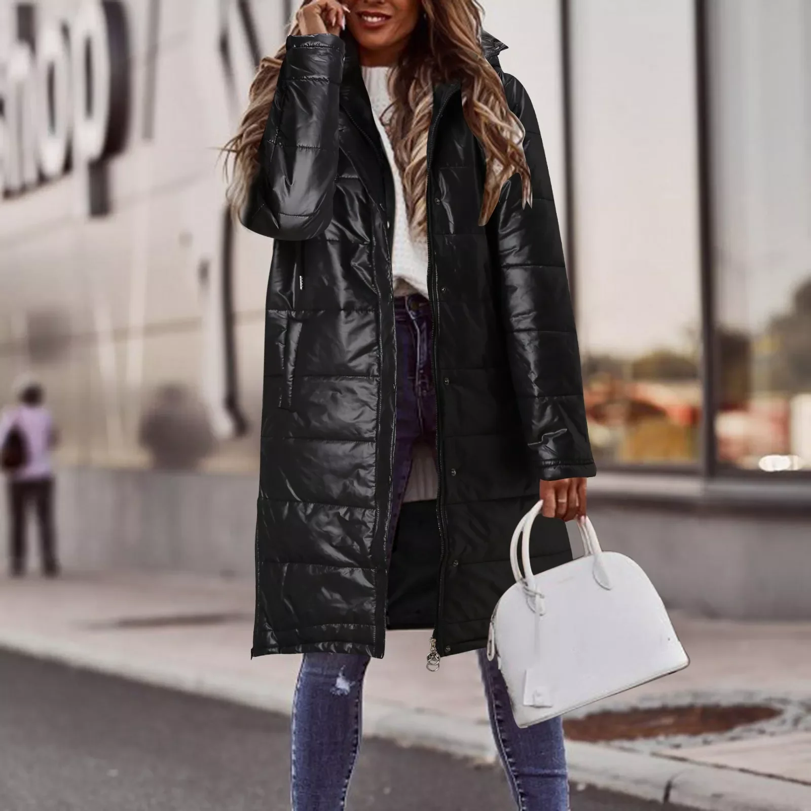 

Женская Стеганая куртка на пуху, длинная стеганая куртка с карманами и капюшоном, с пуховым рукавом, теплая верхняя одежда, зима 2021