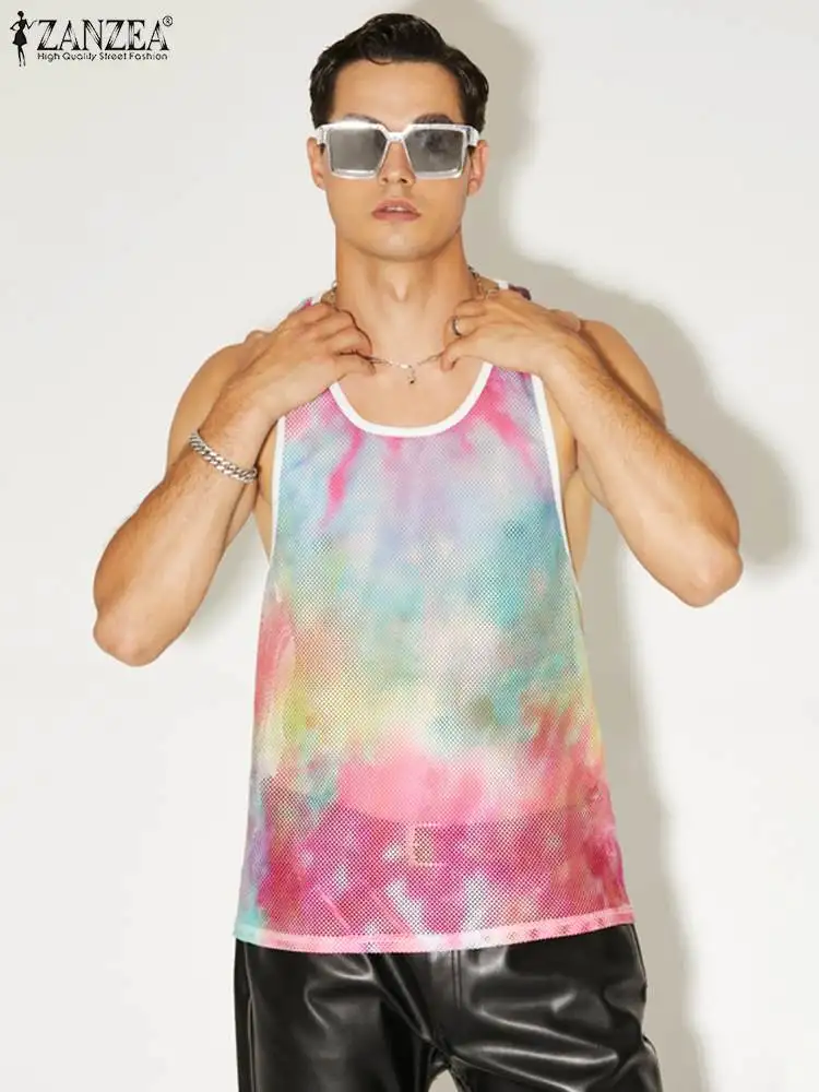 

INCERUN Men Tank Tops Tie Dye Mesh Transparent O-neck Vacation Sleeveless FashIon Casual Vests Men 2022 Streetwear Tops S-5XL