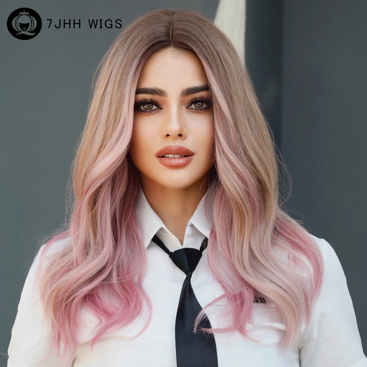 7JHH WIGS Ombre Blond To Pink Long Wavy Blonde Wigs for Women Daily Cosplay Hot Love Synthetic Hair Lolita Wigs Heat Resistant