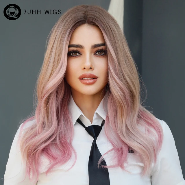7JHH WIGS Ombre Blond To Pink Long Wavy Blonde Wigs for Women Daily Cosplay Hot Love Synthetic Hair Lolita Wigs Heat Resistant 1