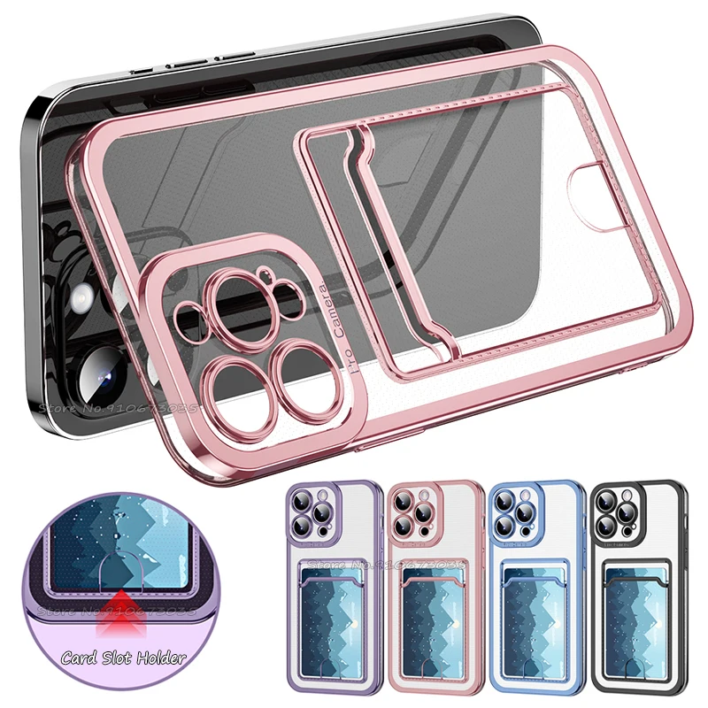 

For iPhone 11 12 13 14 Pro Max Soft Transparent Card Bag Plating Case For iPhone 7 8 Plus XS Max XR X 6S SE 2020 2022 Back Cover