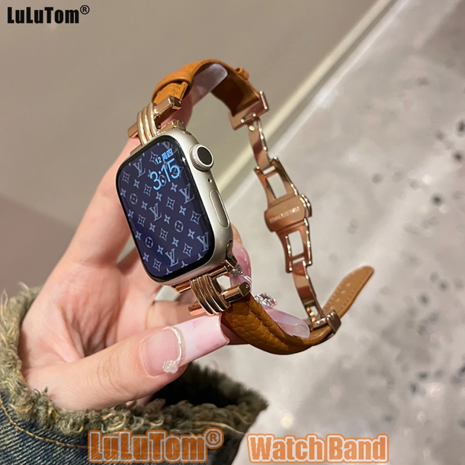 

Ремешок кожаный для Apple Watch 9 Band Ultra, роскошный браслет для наручных часов IWatch Series 9 8 7 6 SE 5 4 3, 49 мм 38 41 мм 40 44 45 мм 42