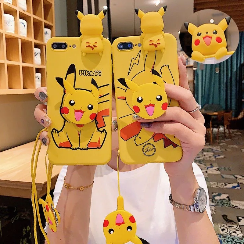 

Pikachu 3D Stereo With Stand Lanyard Phone Cases For iPhone 13 12 11 Pro Max Mini XR XS MAX 8 X 7 SE 2020 Back Cover