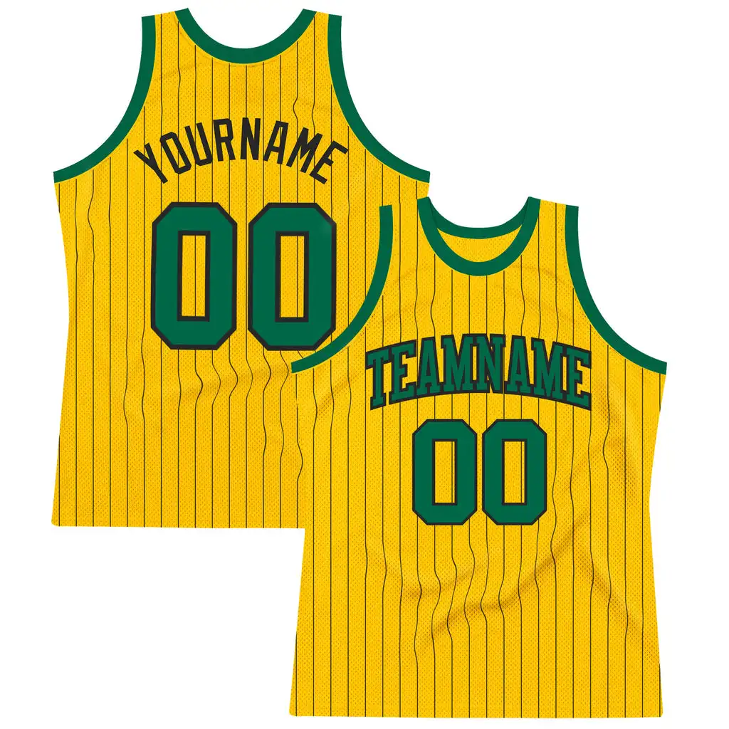 

Custom Gold Black Pinstripe Kelly Green Authentic Personalised Basketball Shirt