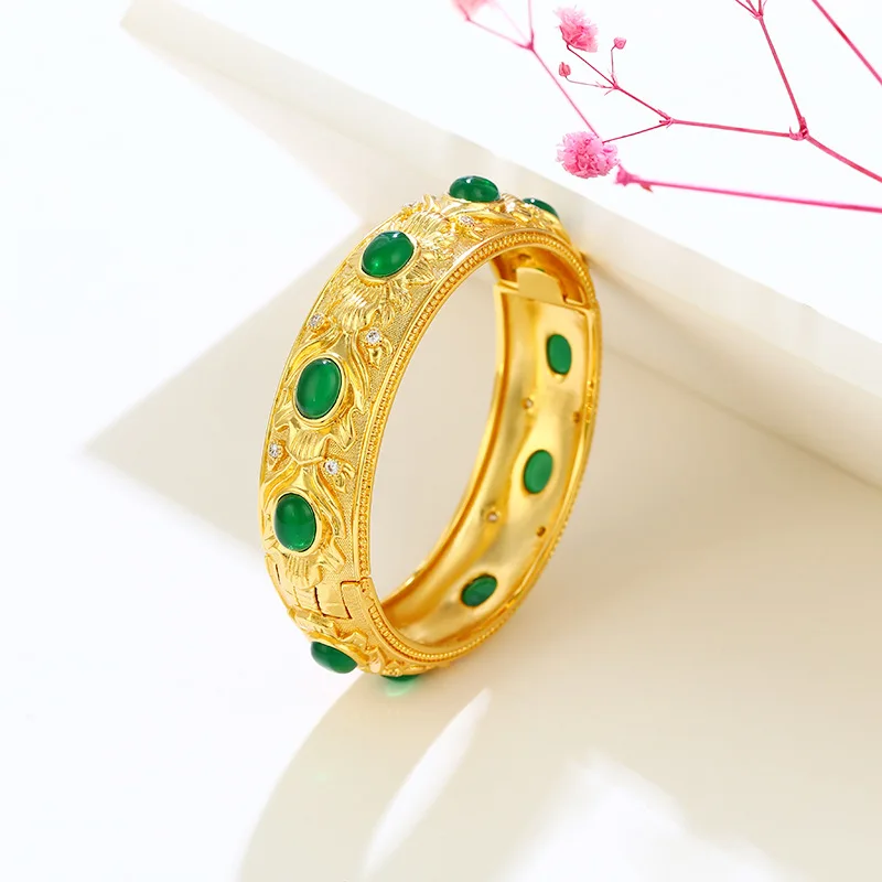 

Fine Jewelry Real 24K Gold Vintage Wind Emerald Bracelet for Women Luxury Solid 999 Bracelets Bangles Wedding Gift for Women