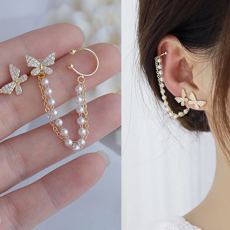 

Женские серьги-цепочки с жемчугом и бабочкой