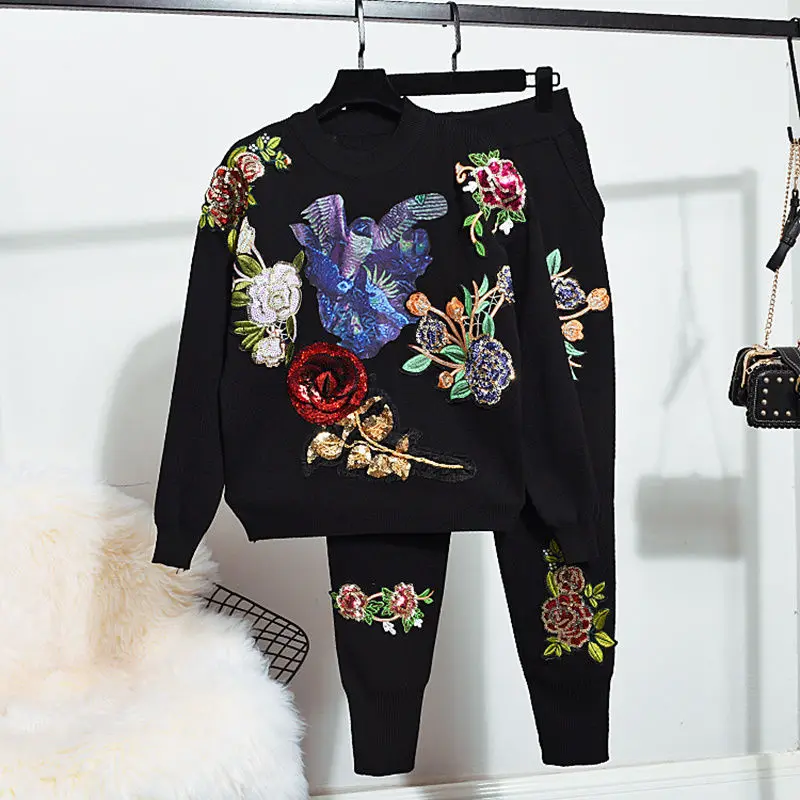 2022 New Autumn Fashion Women Two-piece Set Embroidery Sequins Flowers Pullover Knitted Sweater Top + Casual Harem Pants Suits