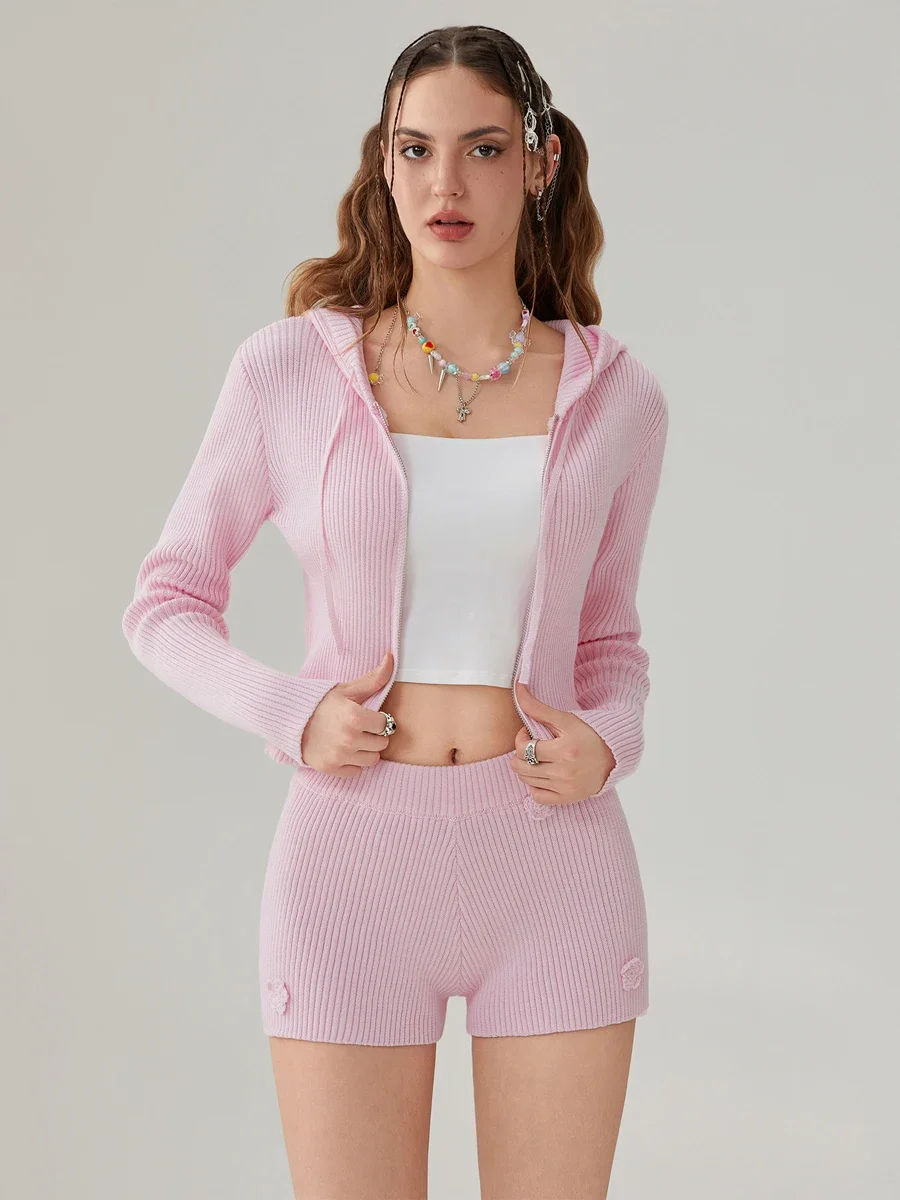 Женский вязаный комплект с шортами свитер на молнии длинным рукавом и капюшоном