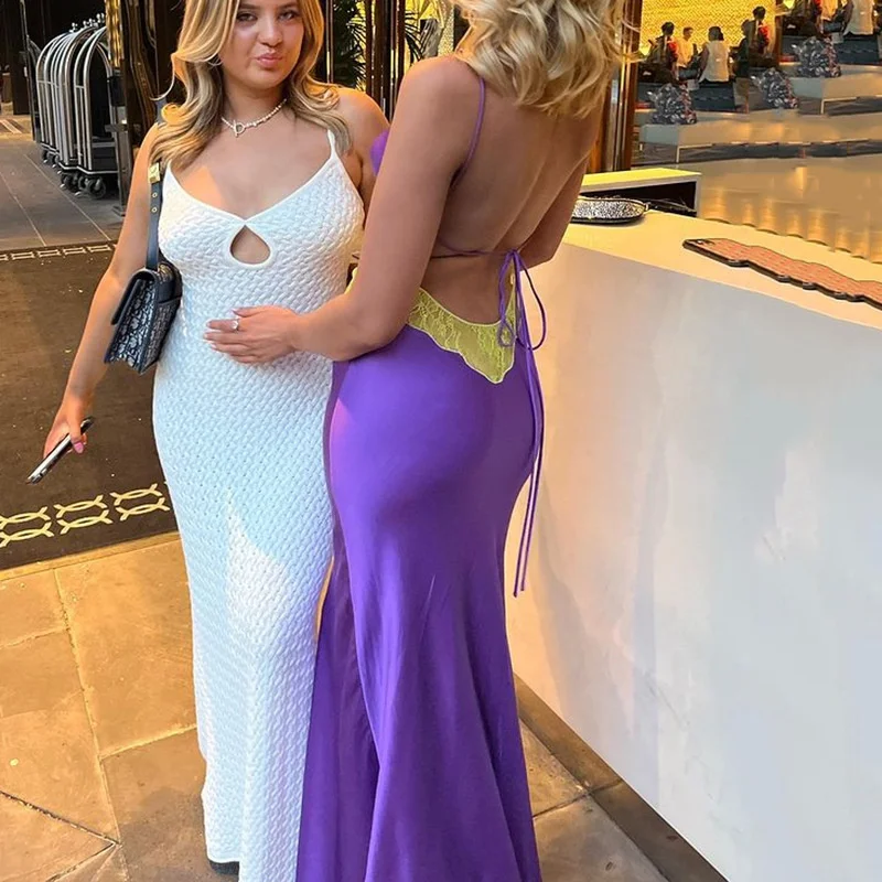 

Backless Hollow Out Bodycon Sexy Maxi Dress Summer Women Spaghetti Strap Patchwork Lace Sundress See Through Long Party Dress