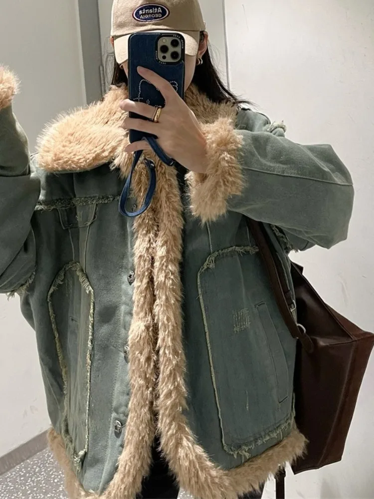 Американское винтажное джинсовое пальто из меха ягненка для женщин 2024 зимнее