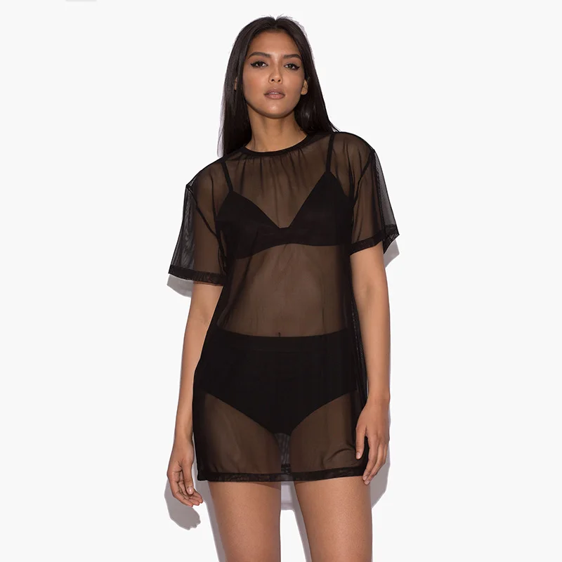 

Sexy Summer Women Mesh Long T shirt Mini Dress O Collar Short Sleeve Ladies Casual Black Dress Beach Cover Up Tops