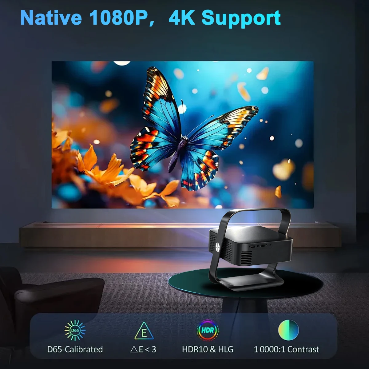 Фото Проектор DITONG HD с поддержкой разрешения 1080P, поддержкой 4K, WIFI6, BT5.4, Android, мини-портативный проектор, LED-проектор для домашнего кинотеатра с функцией видеогимбала. №5