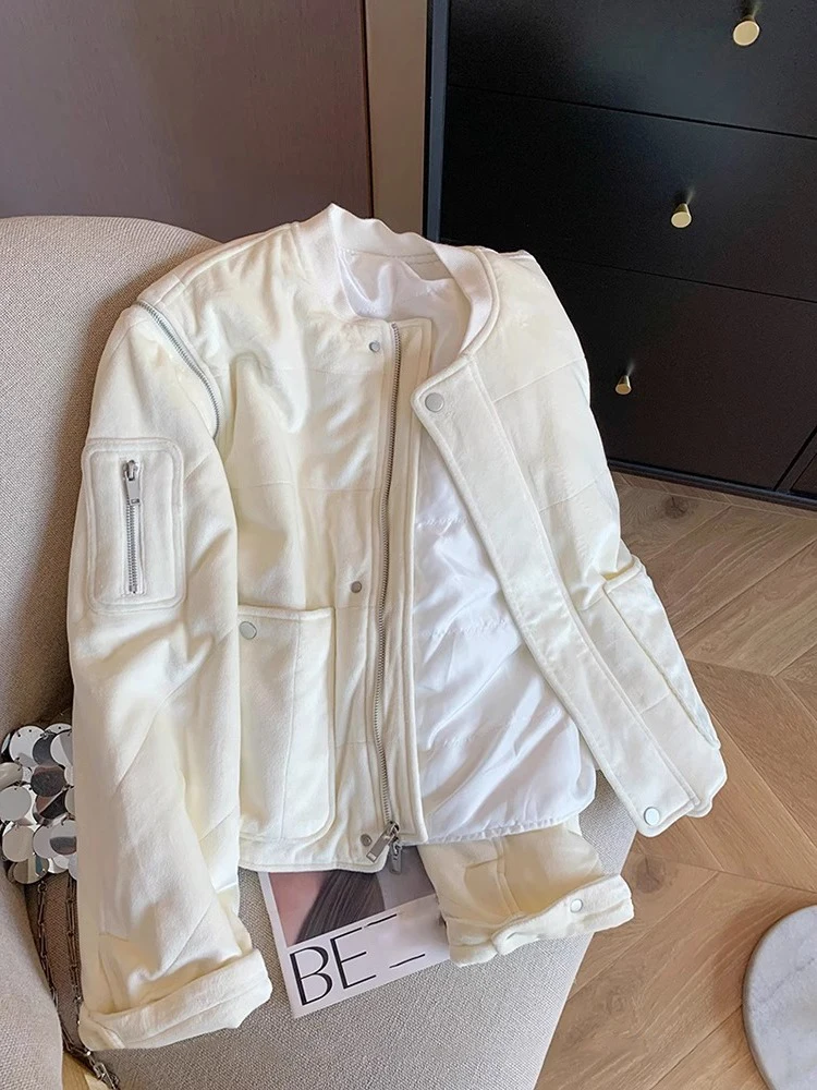 Высококачественная однотонная куртка с воротником-стойкой на молнии хлопковой