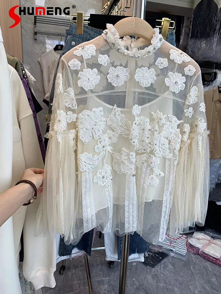 

Elegant Women's Three-Dimensional Flower Lace Shirts 2022 Summer New Woman's High-End Loose Pullover Long Sleeve Tops Mujer