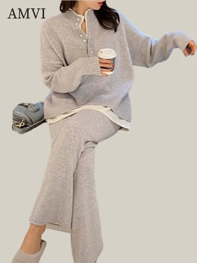 

Autumn Outfit Women Sweater Set Fashion Casual Suits Solid Color Clothes Knitwear Jumper Wide Leg Pant Female Suit Athletic Wear